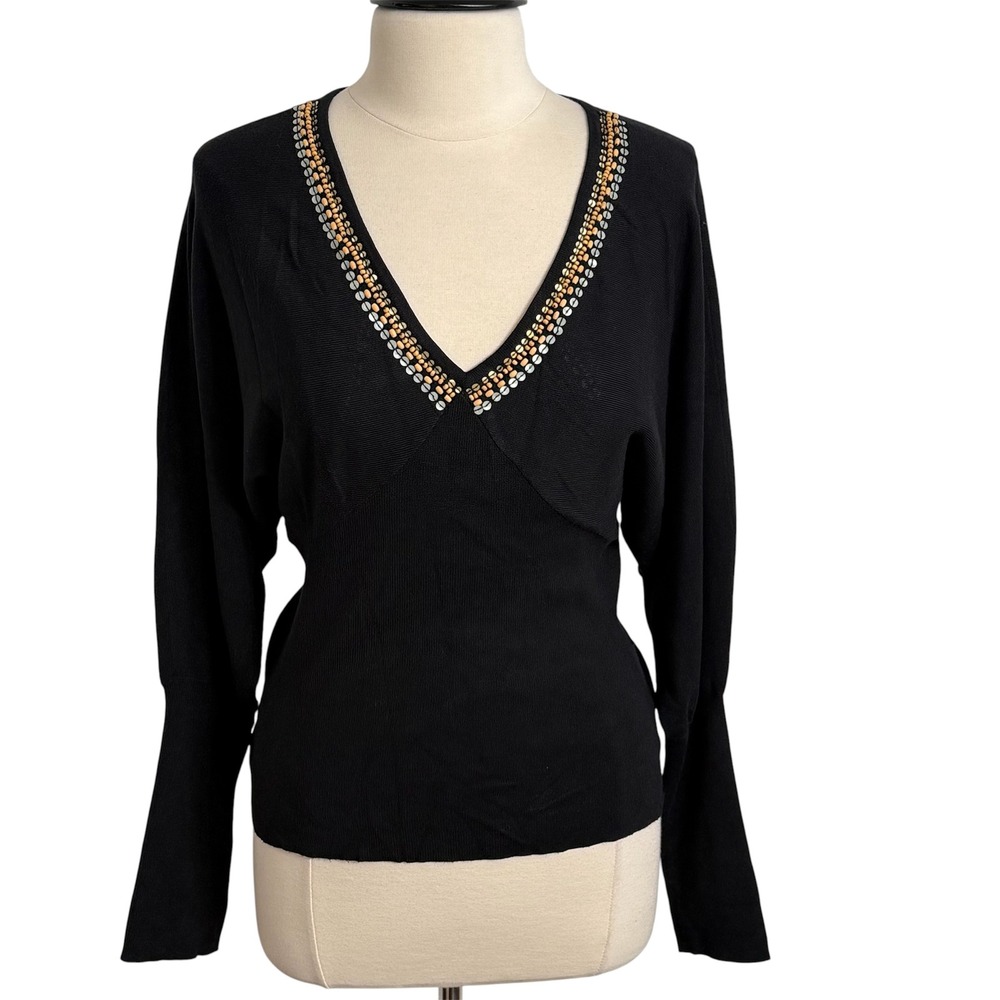 Mossimo Women's Fine Knit Metallic Beaded V-Neckline Pull-over Sweater